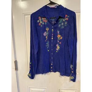 Johnny Was royal blue button up in floral embroidery.